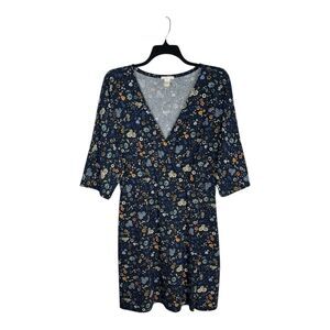 H&M Women Size Large Blue Floral Print Jersey Wrap Dress 3/4 Sleeve Stretchy